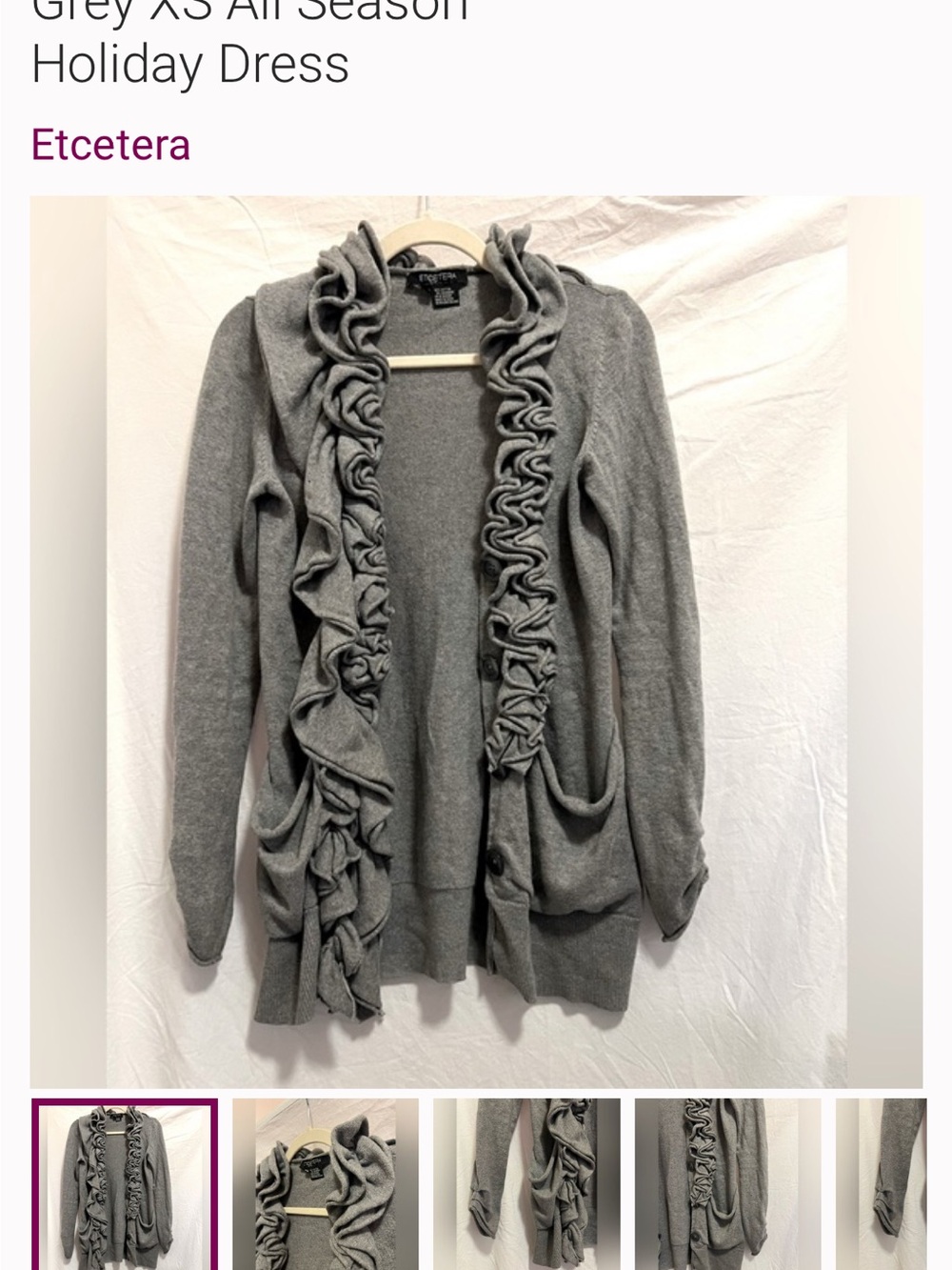 Etcetera Light Grey Ruffle-Trim Open Cardigan